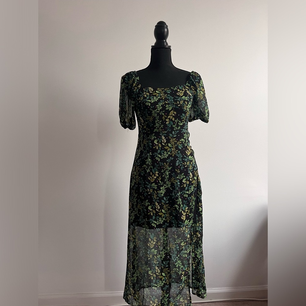 “Miami” midi dress 0-2, green tropical pattern